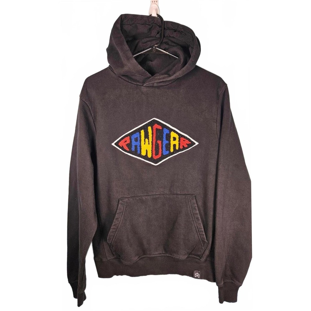 RawGear Mens Small Black Chenille Patch Pullover Hoodie Streetwear Gym Fitness